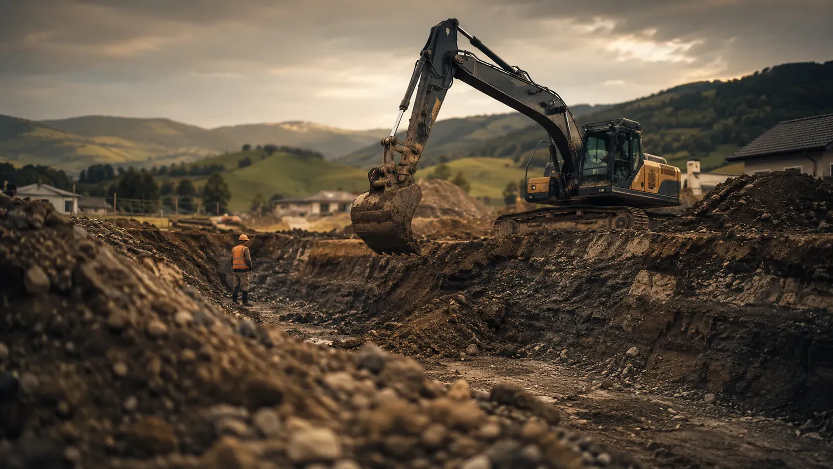 Bagger der TERRANOVA Tiefbau AG hebt eine Baugrube in der Ostschweizer Hügellandschaft aus
