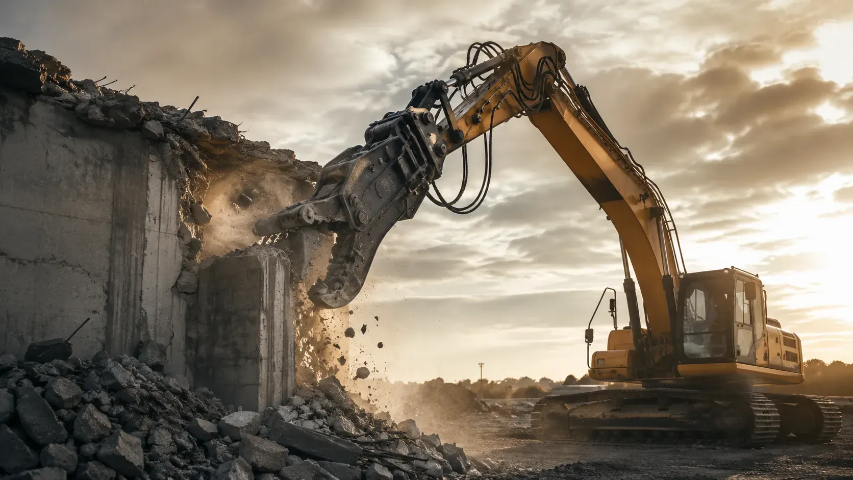 Bagger mit Abbruchhammer reisst eine Betonstruktur kontrolliert ein