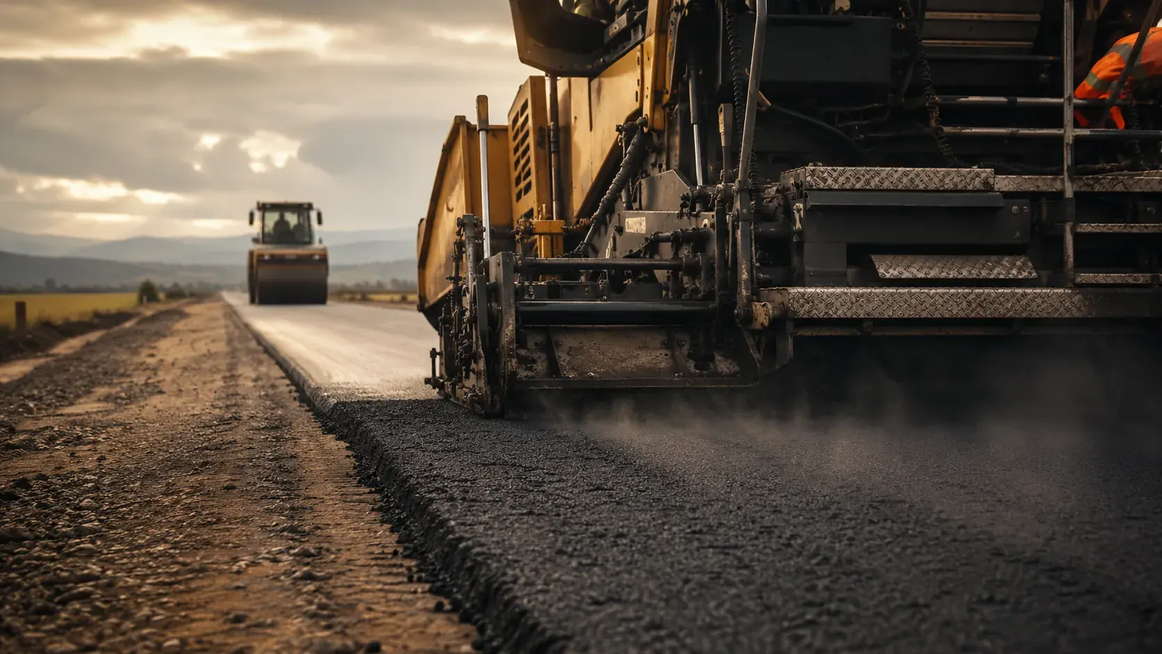 Strassenfertiger verlegt frischen Asphalt, Walze im Hintergrund