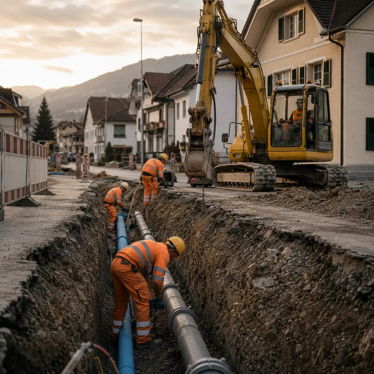 Offener Leitungsgraben in einer Dorfstrasse mit verlegten Wasser- und Abwasserrohren