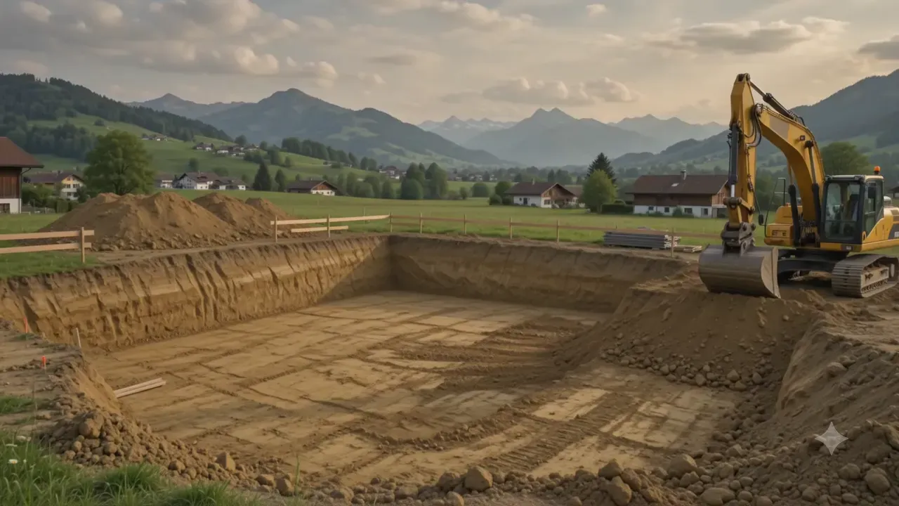 Baugrube vor Baubeginn – Startpunkt der Aufbau-Sequenz