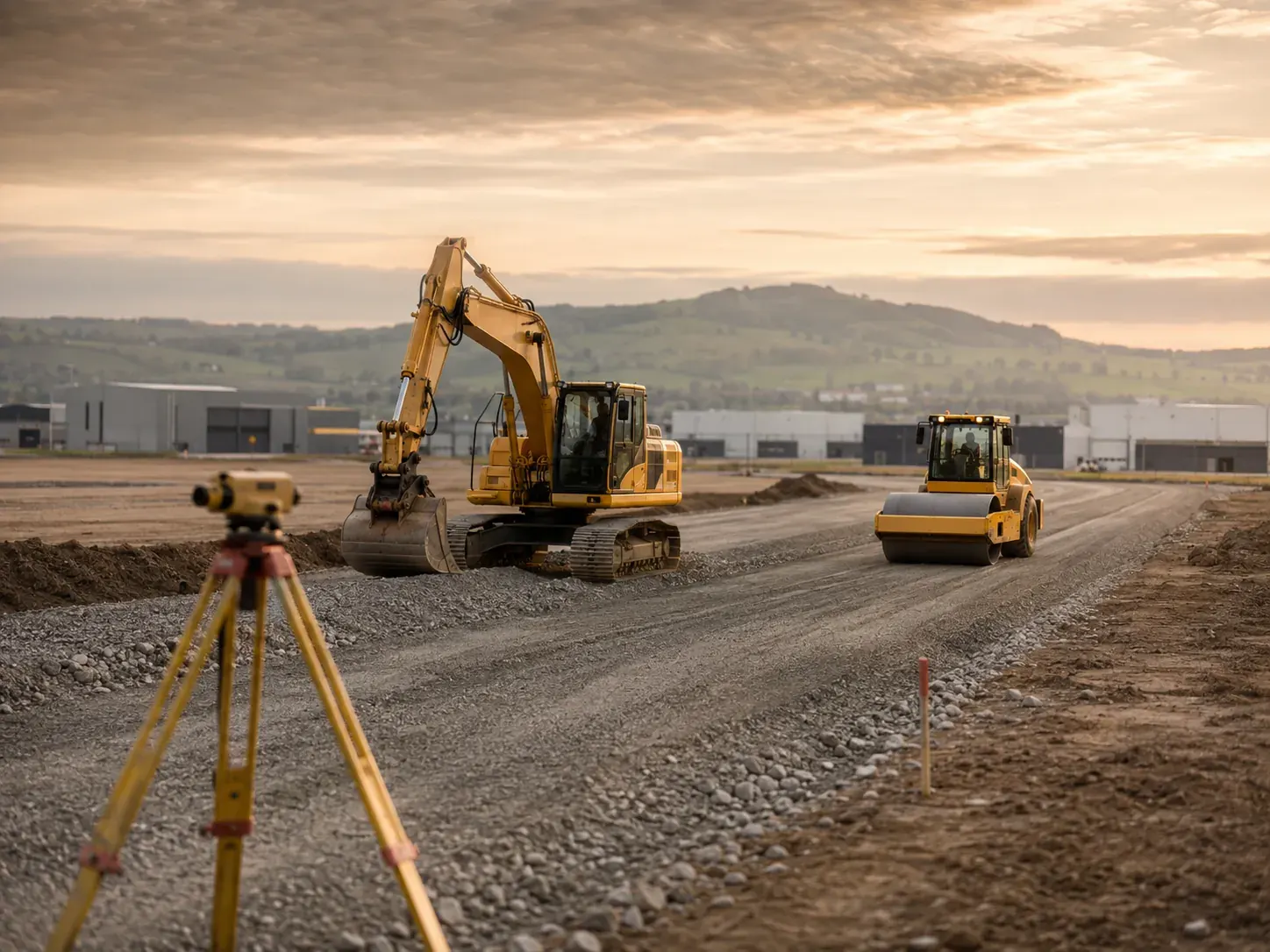 Erschliessung eines Gewerbeareals in St. Gallen West mit Bagger, Walze und Vermessungsstativ