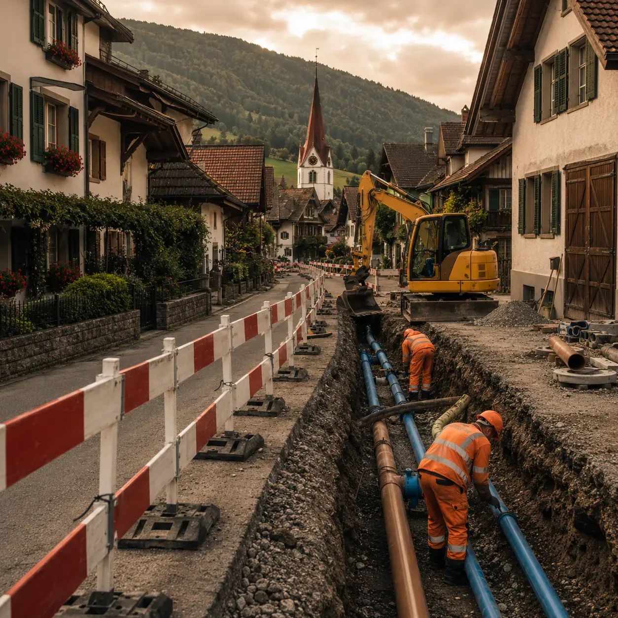 Werkleitungssanierung in einer Dorfstrasse in Wittenbach mit offenem Graben und Rohren